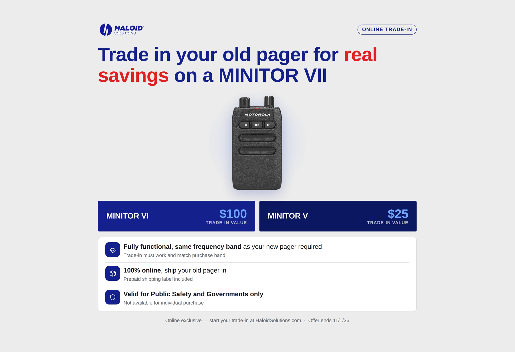 Motorola MINITOR 7 Trade-In Program: Trade-in a MINITOR 5 or 6 Pager and save up to $100!