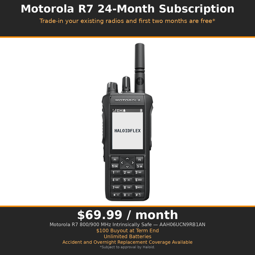 $69.99 FOR 24 MONTHS: Motorola R7 MOTOTRBO AAH06UCN9RB1AN 800/900 MHz Analog Digital Portable Radio - H06UCN9RB1AN  - 24-MONTH SUBSCRIPTION - INTRINSICALLY SAFE