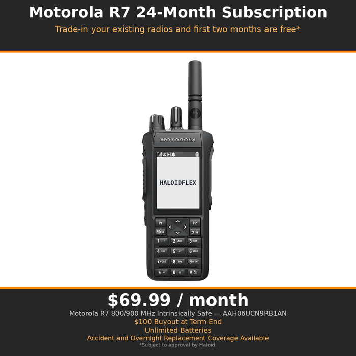$69.99 FOR 24 MONTHS: Motorola R7 MOTOTRBO AAH06UCN9RB1AN 800/900 MHz Analog Digital Portable Radio - H06UCN9RB1AN  - 24-MONTH SUBSCRIPTION - INTRINSICALLY SAFE
