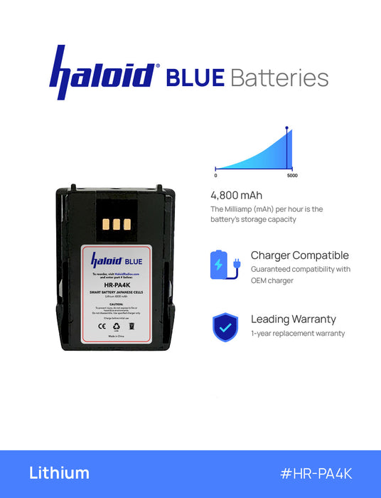 Haloid BLUE HR-PA4K 4,800 mAh Lithium Battery PA4K for Harris XL-185 XL-200 XL200P - HaloidSolutions.com
