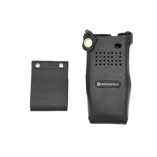 A black Motorola handheld radio and its matching black leatherette holster pouch, displayed on a clean white background.