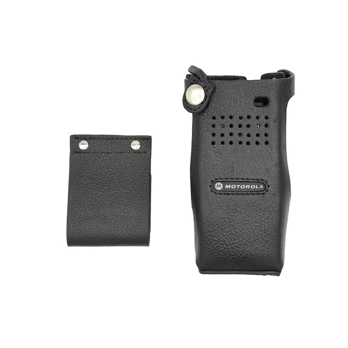 A black Motorola handheld radio and its matching black leatherette holster pouch, displayed on a clean white background.