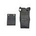 A black Motorola handheld radio and its matching black leatherette holster pouch, displayed on a clean white background.
