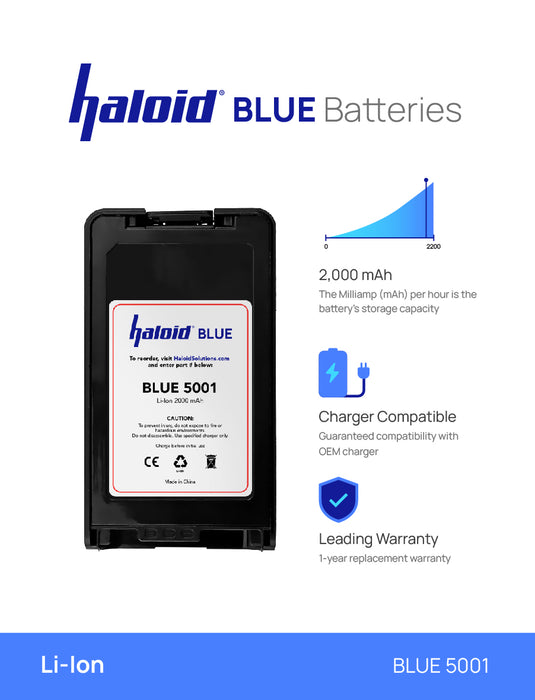 Haloid BLUE 5001 2000 mAh Lithium Battery for Kenwood NX-220 NX-320 NX-420 NX-3200 NX-3220 NX-3300 NX-3320 NX-3400 NX-3420 TK-2160 TK-2170 TK-2173 TK-2360 TK-3160 TK-3170 TK-3173 TK-3360