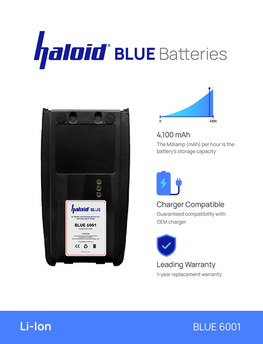 Haloid BLUE 6001 4100 mAh Lithium Battery for Harris XG-15 XG-25 XG-75 P5300 P5400 P7300